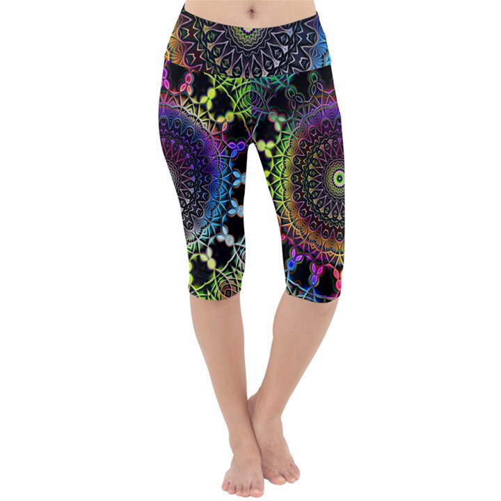 Colorful Rainbow Colored Arabesque Mandala Kaleidoscope  Lightweight Velour Cropped Yoga Leggings