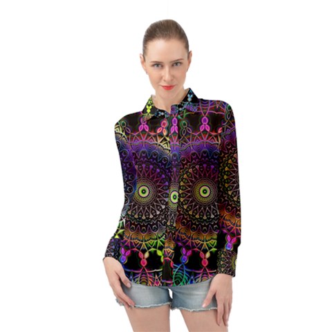 Colorful Rainbow Colored Arabesque Mandala Kaleidoscope  Long Sleeve Chiffon Shirt by SpinnyChairDesigns