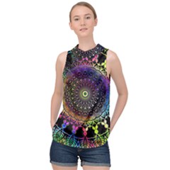 Colorful Rainbow Colored Arabesque Mandala Kaleidoscope  High Neck Satin Top by SpinnyChairDesigns