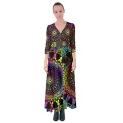 Colorful Rainbow Colored Arabesque Mandala Kaleidoscope  Button Up Maxi Dress by SpinnyChairDesigns