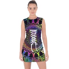 Colorful Rainbow Colored Arabesque Mandala Kaleidoscope  Lace Up Front Bodycon Dress by SpinnyChairDesigns