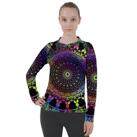 Colorful Rainbow Colored Arabesque Mandala Kaleidoscope  Women s Pique Long Sleeve Tee by SpinnyChairDesigns