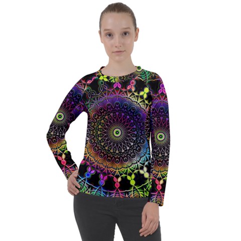 Colorful Rainbow Colored Arabesque Mandala Kaleidoscope  Women s Long Sleeve Raglan Tee by SpinnyChairDesigns