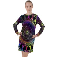 Colorful Rainbow Colored Arabesque Mandala Kaleidoscope  Long Sleeve Hoodie Dress by SpinnyChairDesigns