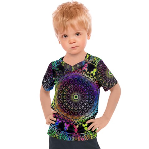 Colorful Rainbow Colored Arabesque Mandala Kaleidoscope  Kids  Sports Tee by SpinnyChairDesigns