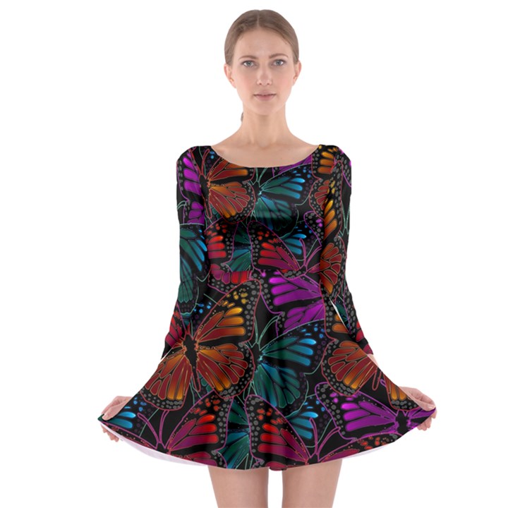 Colorful Monarch Butterfly Pattern Long Sleeve Skater Dress