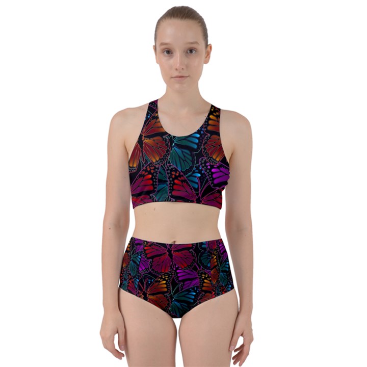 Colorful Monarch Butterfly Pattern Racer Back Bikini Set