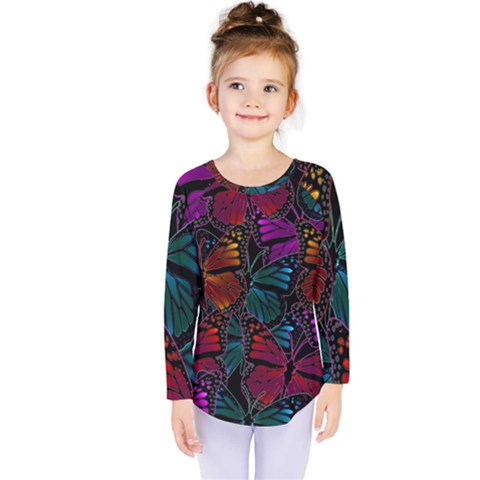 Colorful Monarch Butterfly Pattern Kids  Long Sleeve Tee by SpinnyChairDesigns