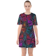 Colorful Monarch Butterfly Pattern Sixties Short Sleeve Mini Dress by SpinnyChairDesigns