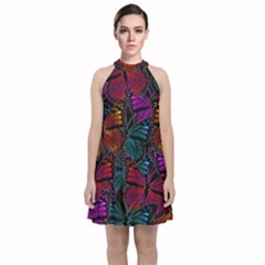 Colorful Monarch Butterfly Pattern Velvet Halter Neckline Dress  by SpinnyChairDesigns