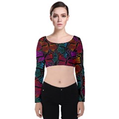 Colorful Monarch Butterfly Pattern Velvet Long Sleeve Crop Top by SpinnyChairDesigns