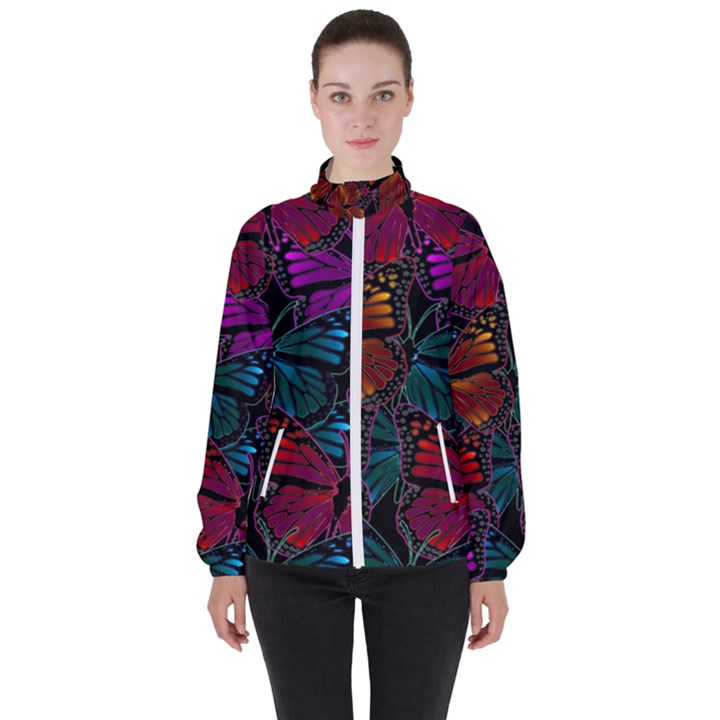 Colorful Monarch Butterfly Pattern Women s High Neck Windbreaker