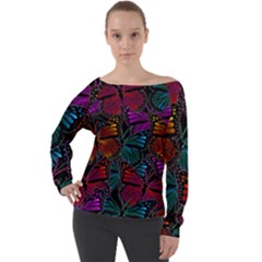 Colorful Monarch Butterfly Pattern Off Shoulder Long Sleeve Velour Top by SpinnyChairDesigns