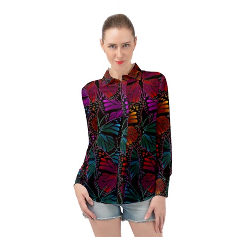 Colorful Monarch Butterfly Pattern Long Sleeve Chiffon Shirt by SpinnyChairDesigns