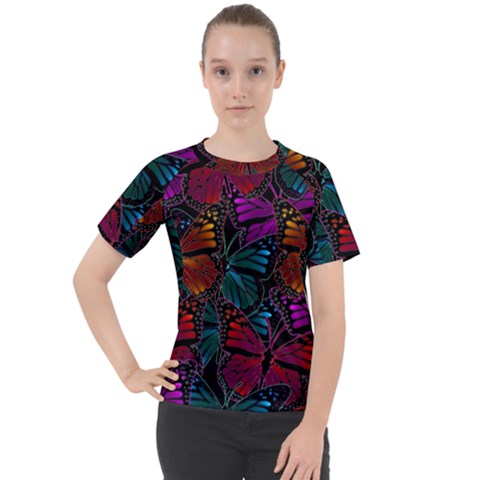 Colorful Monarch Butterfly Pattern Women s Sport Raglan Tee by SpinnyChairDesigns