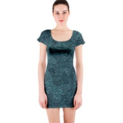 Dark Teal Butterfly Pattern Short Sleeve Bodycon Dress by SpinnyChairDesigns