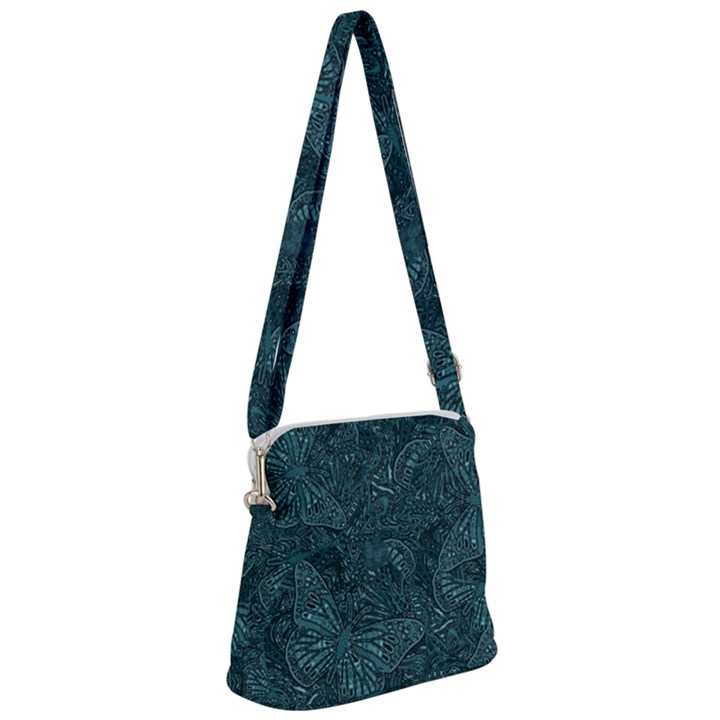 Dark Teal Butterfly Pattern Zipper Messenger Bag