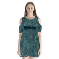 Dark Teal Butterfly Pattern Shoulder Cutout Velvet One Piece