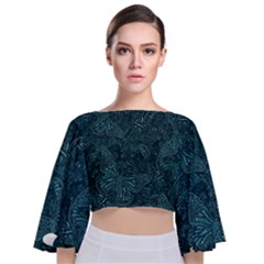 Dark Teal Butterfly Pattern Tie Back Butterfly Sleeve Chiffon Top by SpinnyChairDesigns