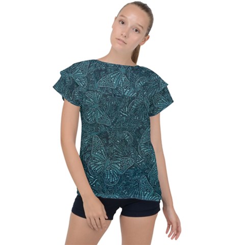 Dark Teal Butterfly Pattern Ruffle Collar Chiffon Blouse by SpinnyChairDesigns