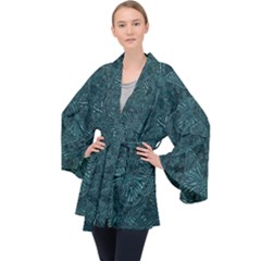 Dark Teal Butterfly Pattern Long Sleeve Velvet Kimono  by SpinnyChairDesigns