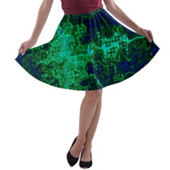 Abstract Green And Blue Techno Pattern A-line Skater Skirt by SpinnyChairDesigns