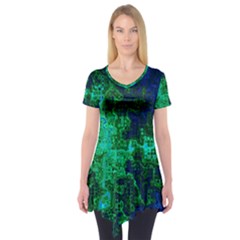 Abstract Green And Blue Techno Pattern Short Sleeve Tunic  by SpinnyChairDesigns