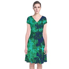 Abstract Green And Blue Techno Pattern Short Sleeve Front Wrap Dress by SpinnyChairDesigns