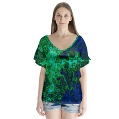 Abstract Green And Blue Techno Pattern V-neck Flutter Sleeve Top by SpinnyChairDesigns