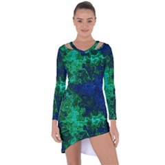 Abstract Green And Blue Techno Pattern Asymmetric Cut-out Shift Dress