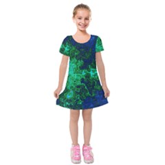 Abstract Green And Blue Techno Pattern Kids  Short Sleeve Velvet Dress by SpinnyChairDesigns