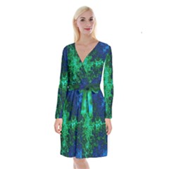 Abstract Green And Blue Techno Pattern Long Sleeve Velvet Front Wrap Dress by SpinnyChairDesigns