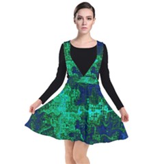 Abstract Green And Blue Techno Pattern Plunge Pinafore Dress by SpinnyChairDesigns