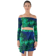 Abstract Green And Blue Techno Pattern Off Shoulder Top With Skirt Set by SpinnyChairDesigns