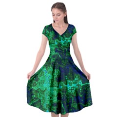 Abstract Green And Blue Techno Pattern Cap Sleeve Wrap Front Dress by SpinnyChairDesigns