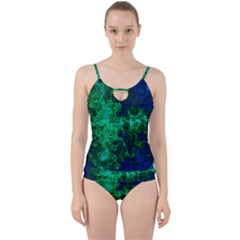 Abstract Green And Blue Techno Pattern Cut Out Top Tankini Set by SpinnyChairDesigns