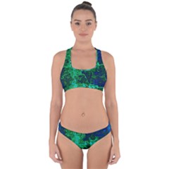 Abstract Green And Blue Techno Pattern Cross Back Hipster Bikini Set by SpinnyChairDesigns