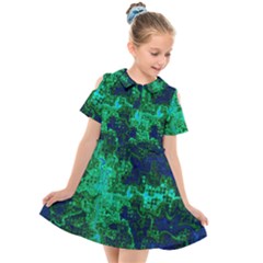 Abstract Green And Blue Techno Pattern Kids  Short Sleeve Shirt Dress