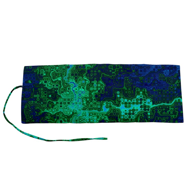 Abstract Green and Blue Techno Pattern Roll Up Canvas Pencil Holder (S)