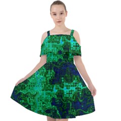 Abstract Green And Blue Techno Pattern Cut Out Shoulders Chiffon Dress by SpinnyChairDesigns