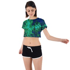 Abstract Green And Blue Techno Pattern Tie Back Short Sleeve Crop Tee by SpinnyChairDesigns