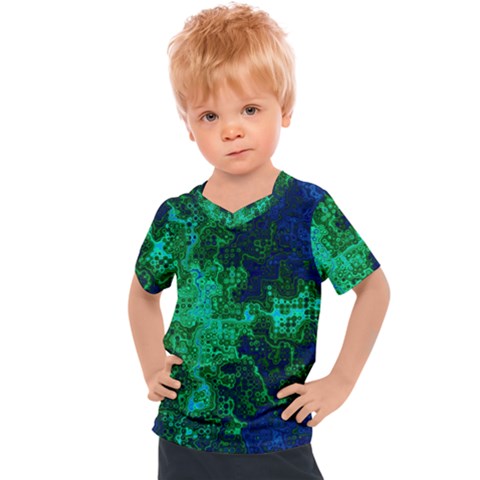 Abstract Green And Blue Techno Pattern Kids  Sports Tee by SpinnyChairDesigns