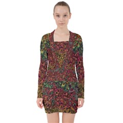 Stylish Fall Colors Camouflage V-neck Bodycon Long Sleeve Dress by SpinnyChairDesigns