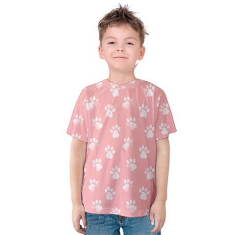 Animal Cat Dog Prints Pattern Pink White Kids  Cotton Tee by SpinnyChairDesigns