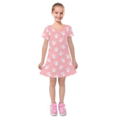 Animal Cat Dog Prints Pattern Pink White Kids  Short Sleeve Velvet Dress by SpinnyChairDesigns