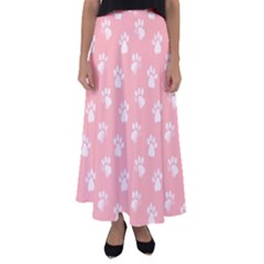 Animal Cat Dog Prints Pattern Pink White Flared Maxi Skirt by SpinnyChairDesigns