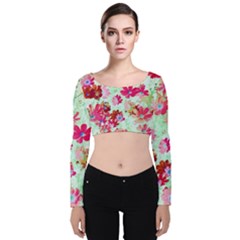  Cosmos Flowers Red Velvet Long Sleeve Crop Top by DinkovaArt