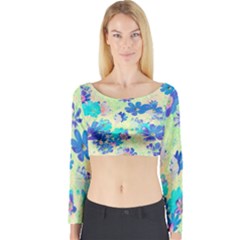 Cosmos Flowers Blue Long Sleeve Crop Top by DinkovaArt