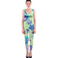 Cosmos Flowers Blue One Piece Catsuit by DinkovaArt