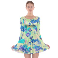 Cosmos Flowers Blue Long Sleeve Skater Dress